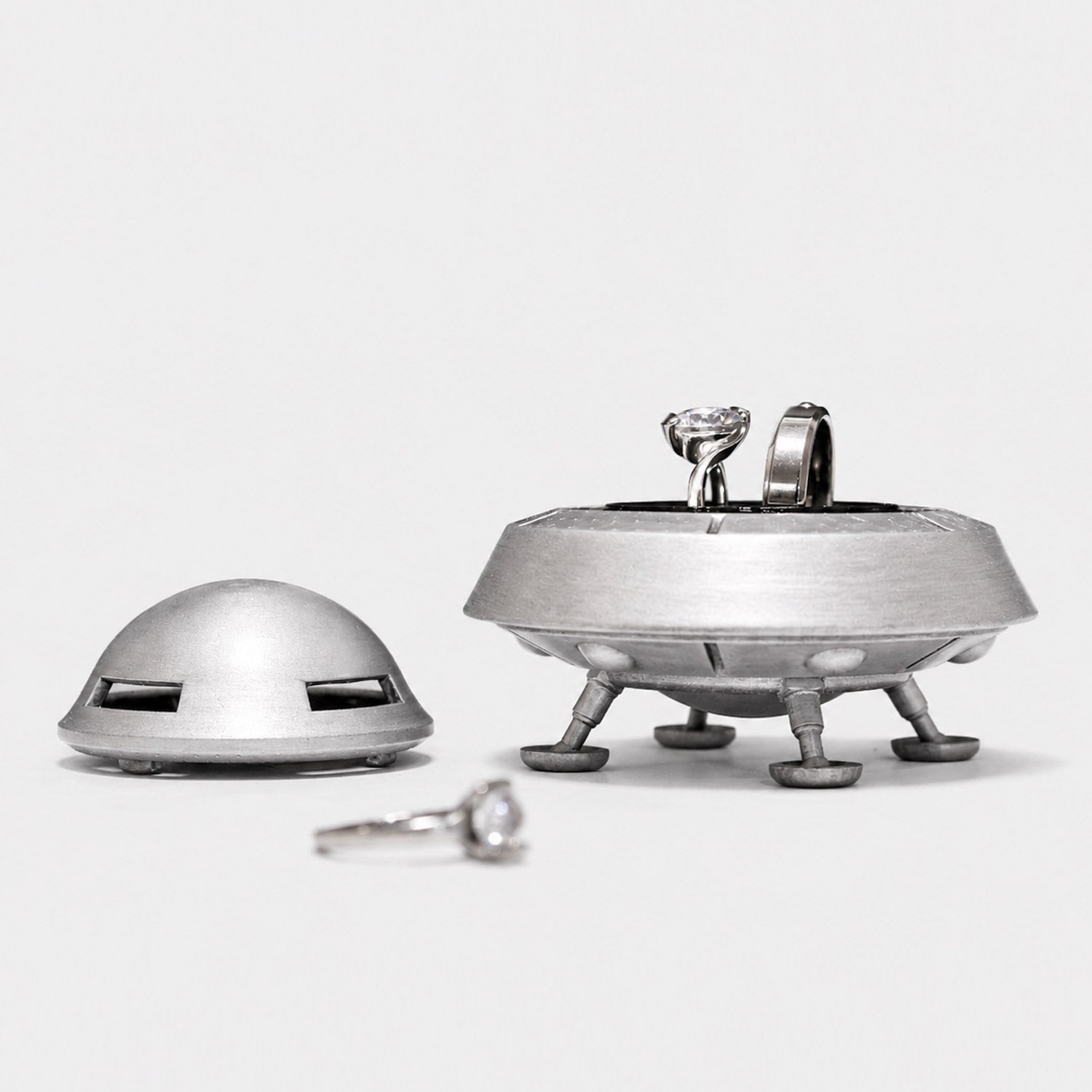 all-groups UFO Flying Saucer Ring Box open with a double black insert