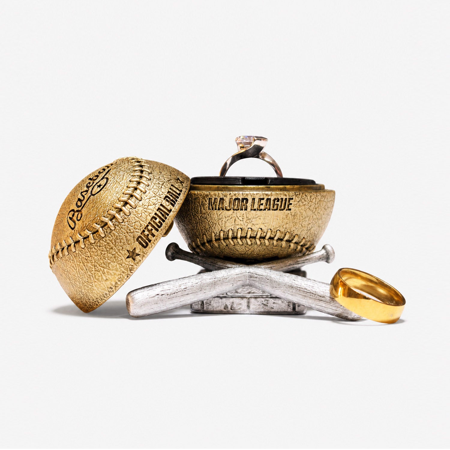 all-groups Baseball Ring Box open with engagement ring inside
