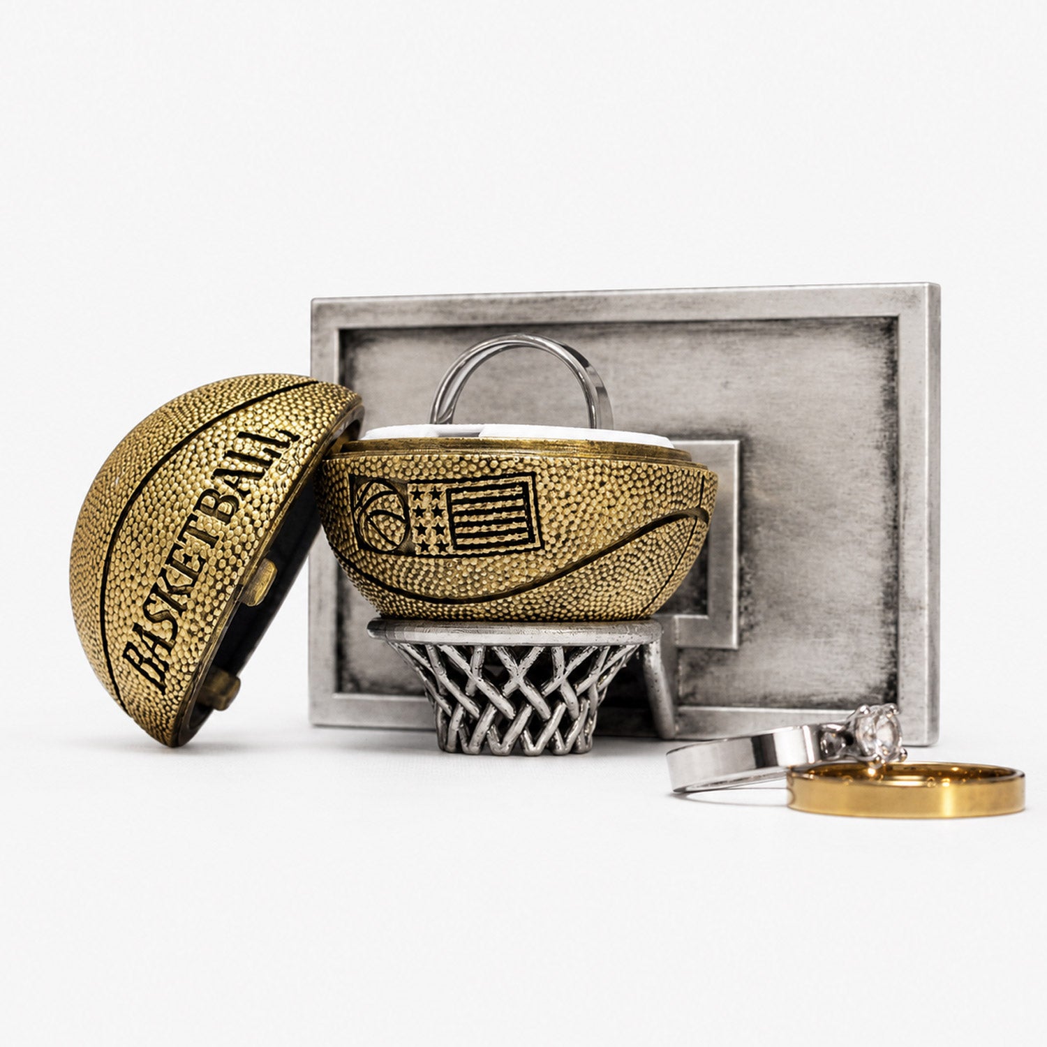 all-groups Basket Ball Ring Box open with engagement ring inside