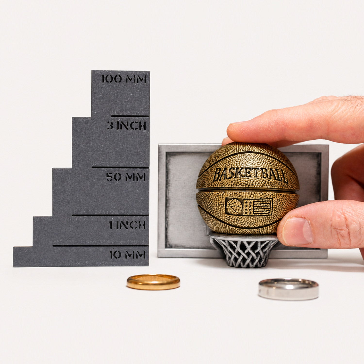 all-groups Size comparison of Basket Ball Ring Box next to ruler