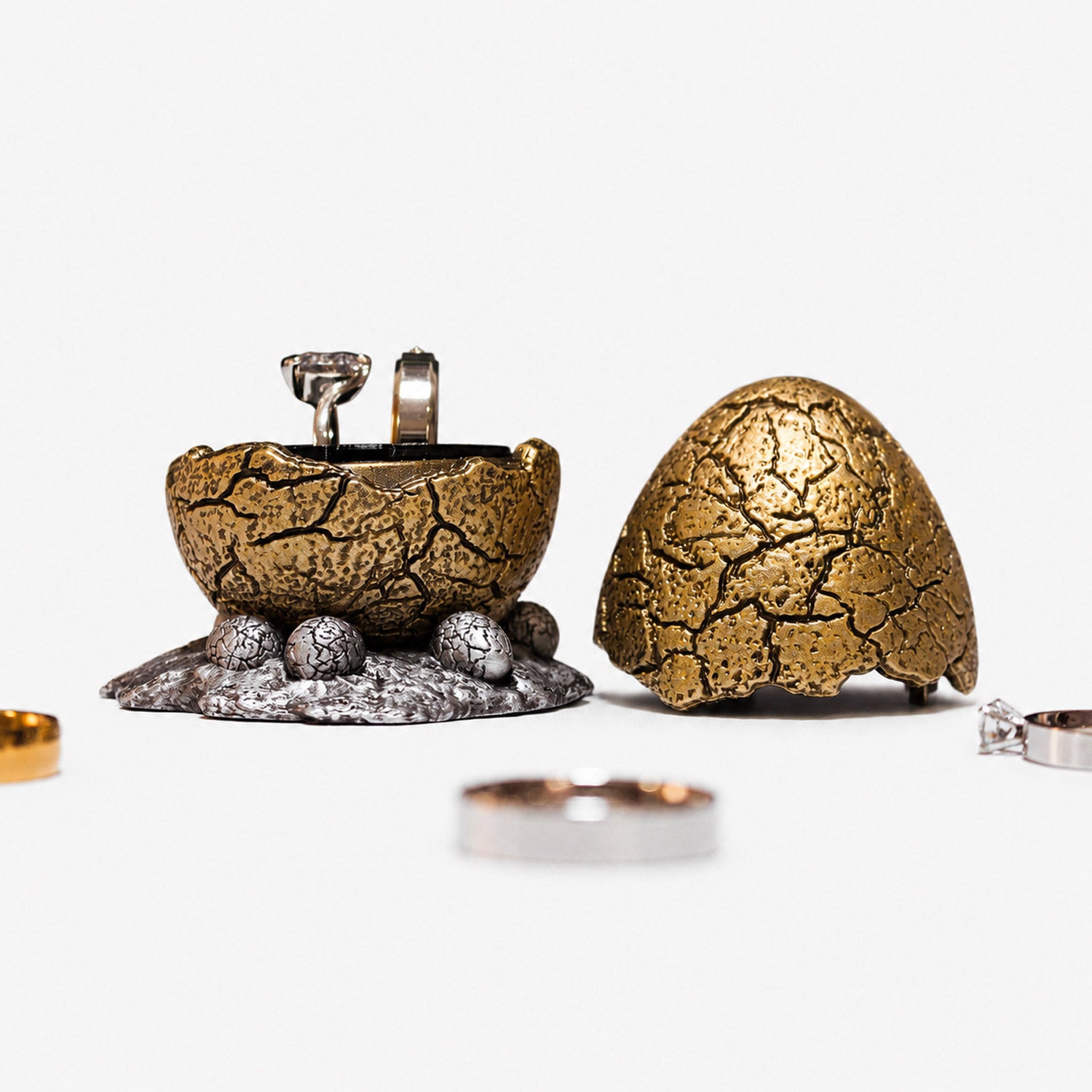 all-groups Dinosaur Egg Ring Box open with a double black insert