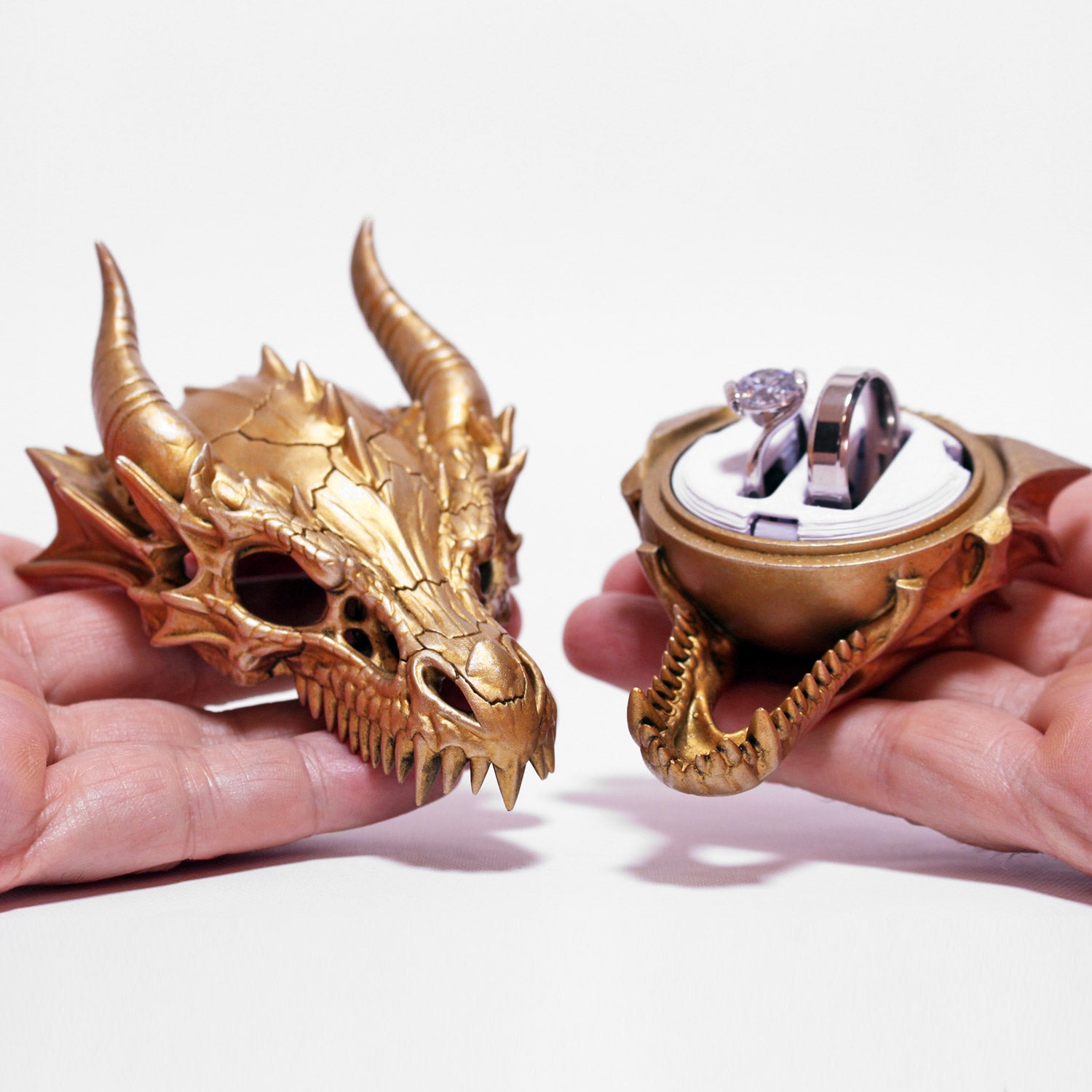 all-groups Dragon Skull Ring Box open with a double white insert