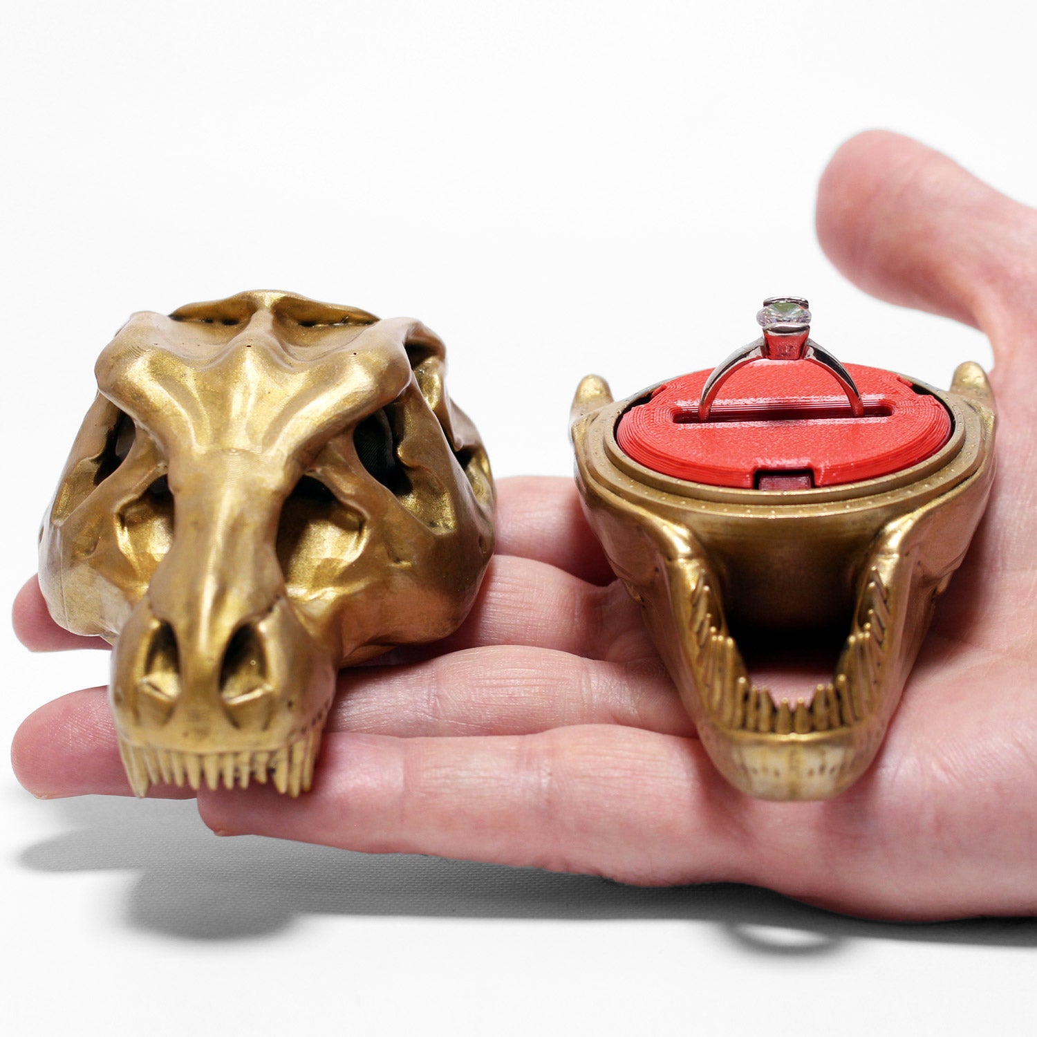 all-groups T-Rex Skull Ring Box open with engagement ring inside